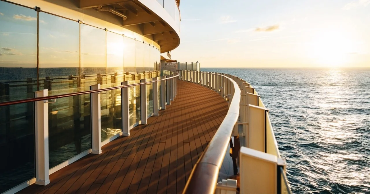 Sonne spiegelt sich golden auf dem Meer und in den Fenstern von AIDA Kreuzfahrtschiff