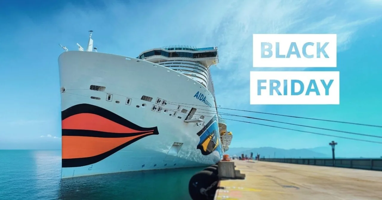 AIDA Schiff und Schriftzug Black Friday als Header für Beitrag zur Aktion