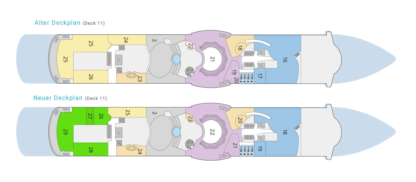 AIDAdiva Deckplan Deck 11 Vergleich vorher nachher.