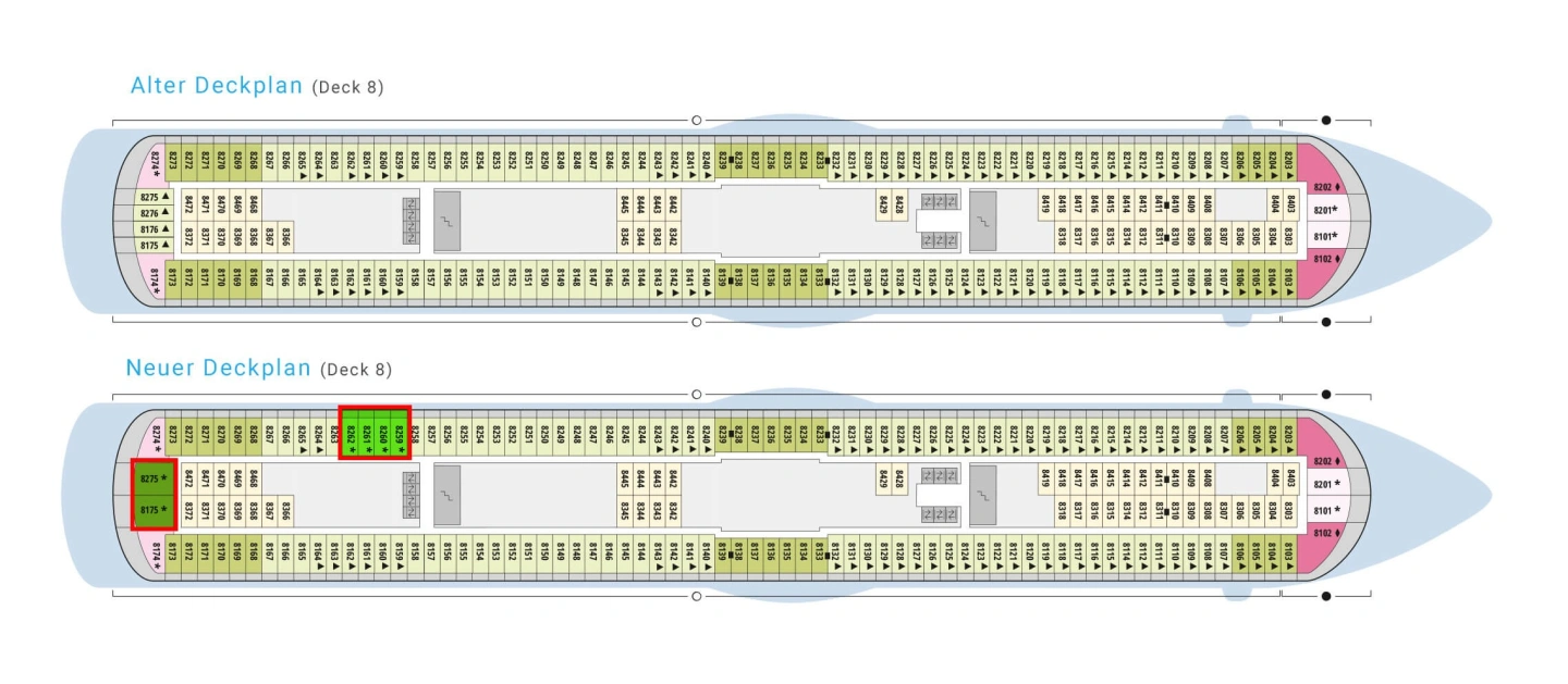 AIDAdiva Deckplan Deck 8 Vergleich vorher nachher.