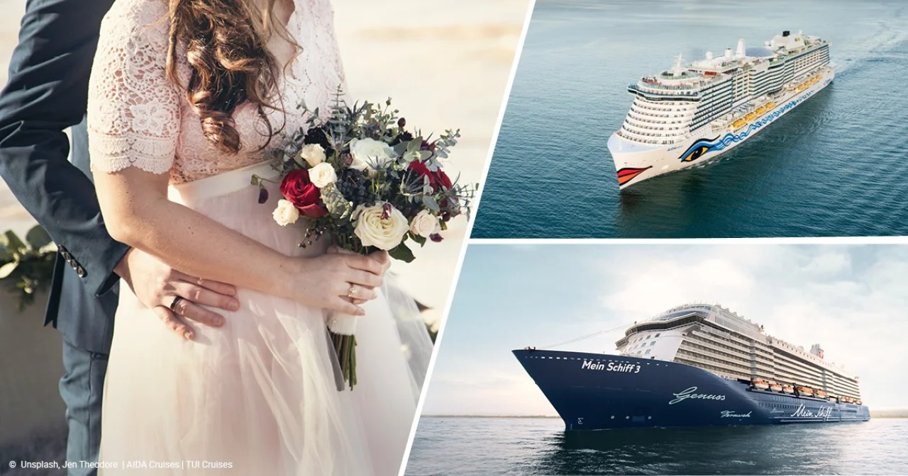 Hochzeitspaar sowie AIDA und Mein Schiff Kreuzfahrtschiff
