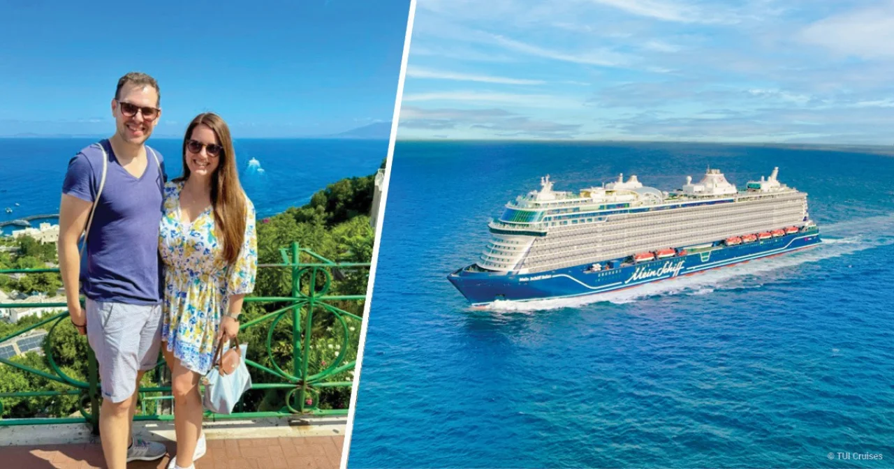 Johannes und Rebekka von EURESAreisen lächelnd bei Landgang während Mittelmeerkreuzfahrt mit Mein Schiff Relax im Sommer 2025