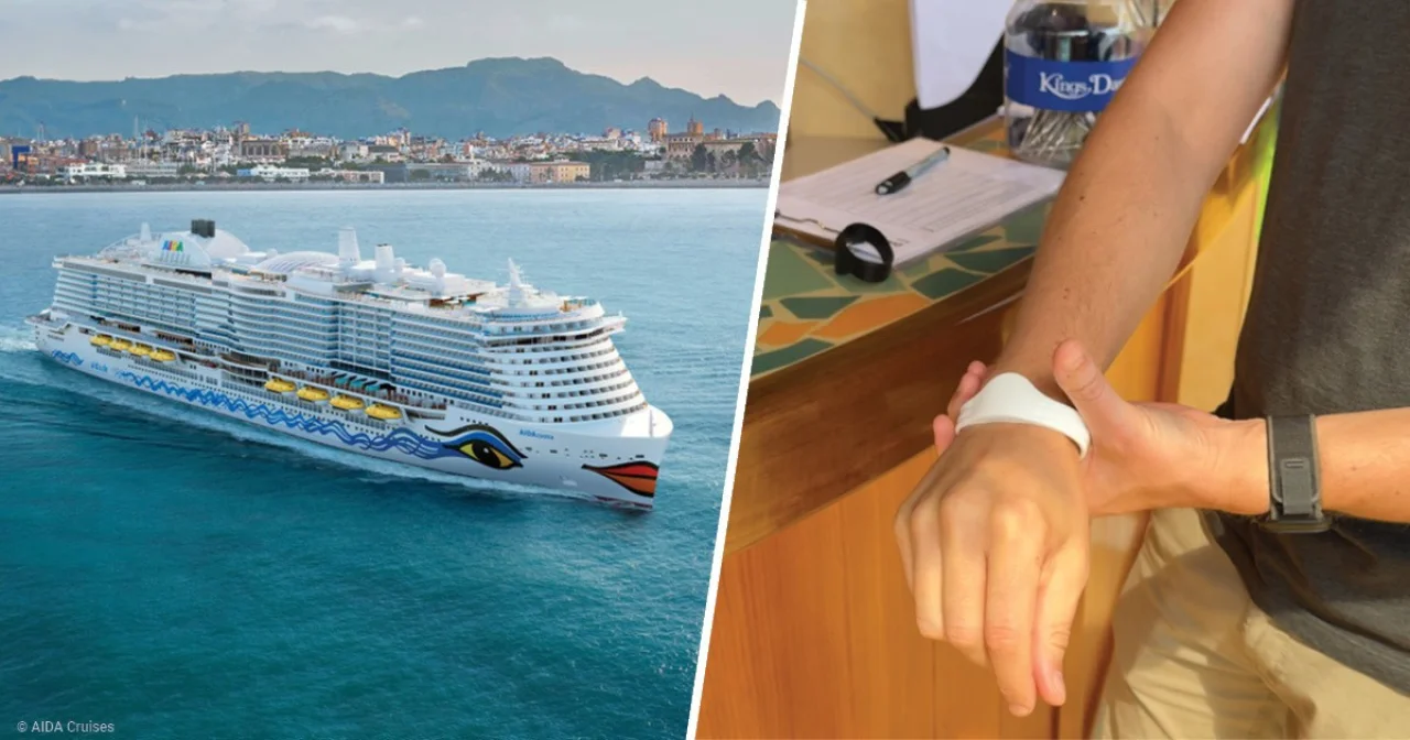 AIDA Schiff und AIDA RFID-Armband am Handgelenk eines Urlaubers an Bord